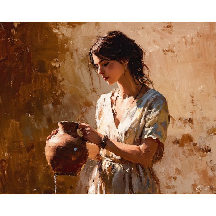 renaissance maiden, earthen jug art, warm morning light, domestic life painting, linen clothing artwork, classical simplicity scene