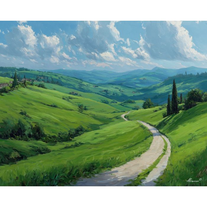 lush valley painting, winding road art, renaissance countryside, distant hills landscape, soft warm tones