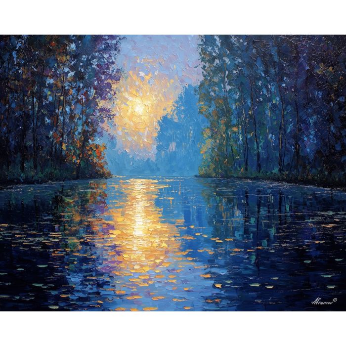 water reflection painting, calm lake art, renaissance landscape, golden reflection, soft distant trees, classical nature