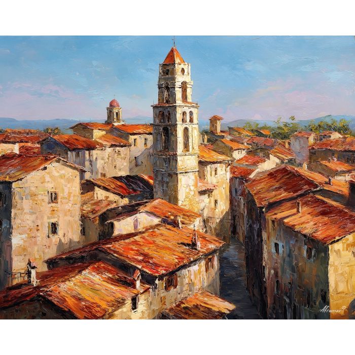 bell tower art, tiled rooftops painting, renaissance village, warm afternoon light, classical architecture scene