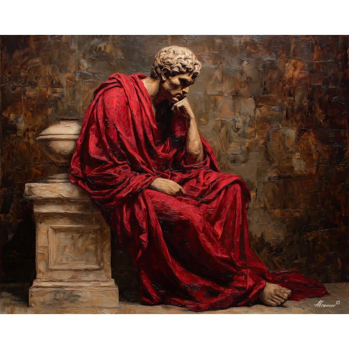 red drapery portrait, renaissance clothing, seated noble figure art, classical pose painting, textured stone background, warm shadow modeling