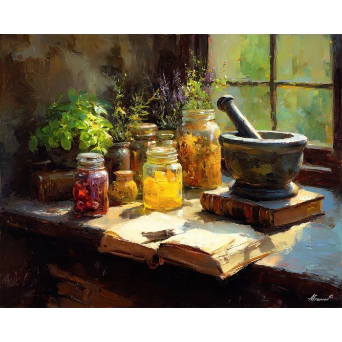 renaissance still life, herbal jars painting, mortar pestle art, aged books still life, warm window light, classical table setup, historic apothecary art
