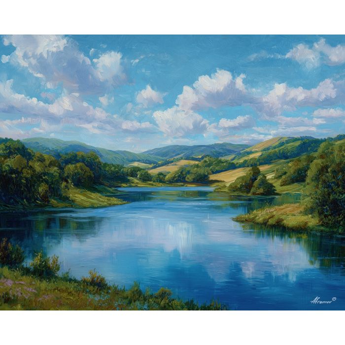 calm lake painting, blue sky reflection, renaissance hills art, still water scene, atmospheric landscape, classical serenity