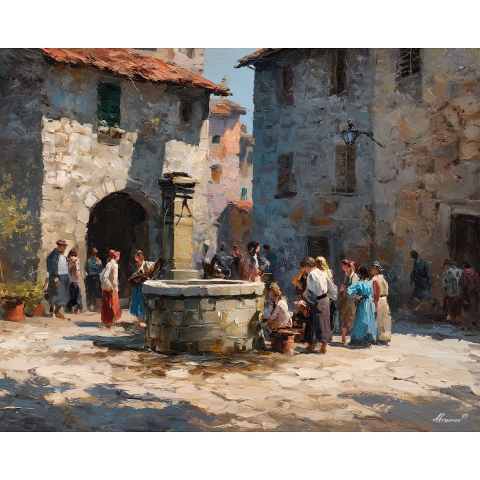 village well painting, town square art, renaissance villagers, warm sunlight square, historical village gathering