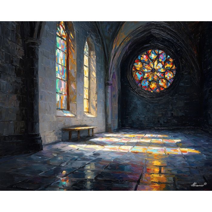 rose window painting, sunlight through stained glass, stone hall interior, renaissance architecture art, rainbow light reflection, warm interior lighting, cathedral hall scene
