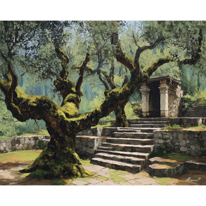 olive tree painting, stone steps art, renaissance shrine landscape, ancient tree forms, warm natural tones, garden sanctuary