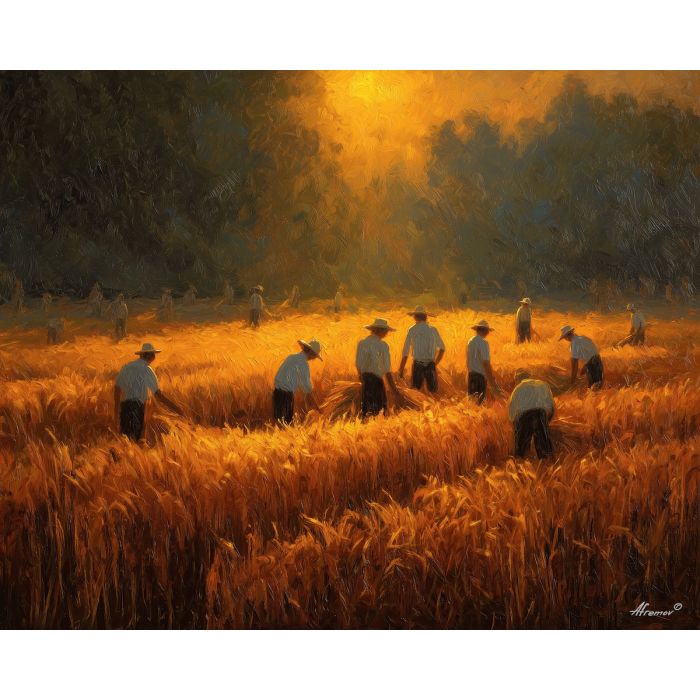 harvest field painting, wheat workers art, golden stalks sunlight, renaissance countryside, warm agricultural scene