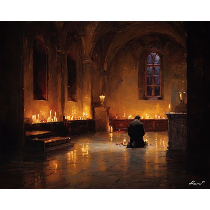 chapel interior art, candlelit scene, kneeling figure, renaissance devotion painting, warm candlelight, soft shadows, spiritual atmosphere art, historic church interior, prayer theme artwork