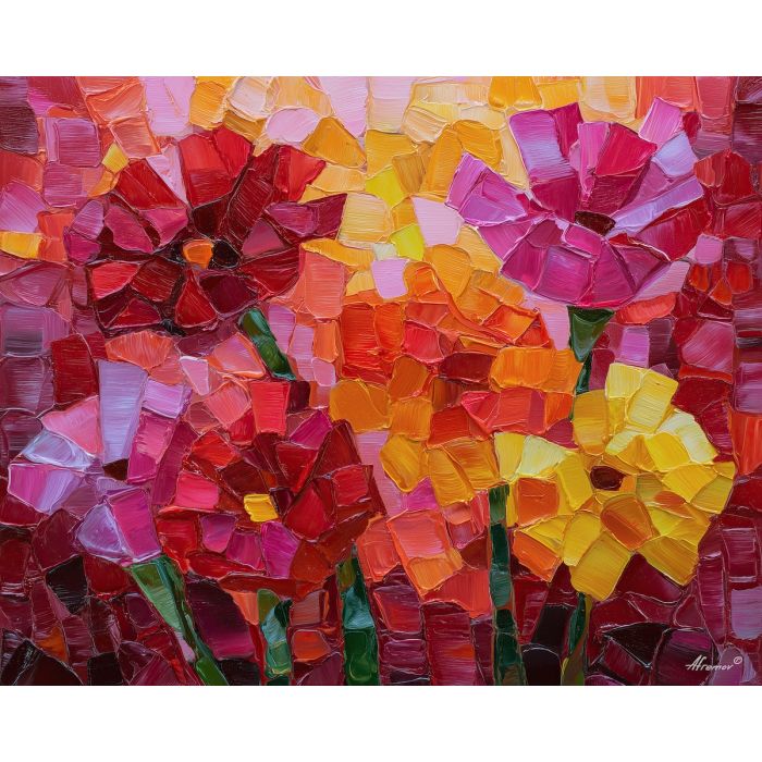 cubism flowers, geometric petals, angular blooms, fragmented floral art, red pink yellow palette, abstract cubist garden, crystalline flower shapes