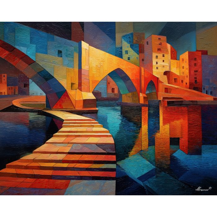 cubism bridge, geometric cityscape, angular pathways art, fractured water reflections, abstract urban structure, palette knife cubism