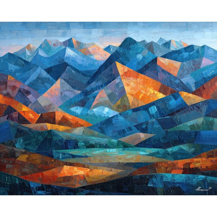 cubism mountains, geometric valley art, faceted terrain painting, angular landscape shapes, prism like mountains, cubist nature scene, broken color planes, abstract wild terrain