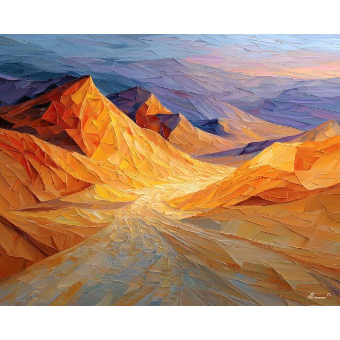 cubism desert, geometric dunes, fractured amber light, abstract sand landscape, angular terrain blocks, cubist heat mirage