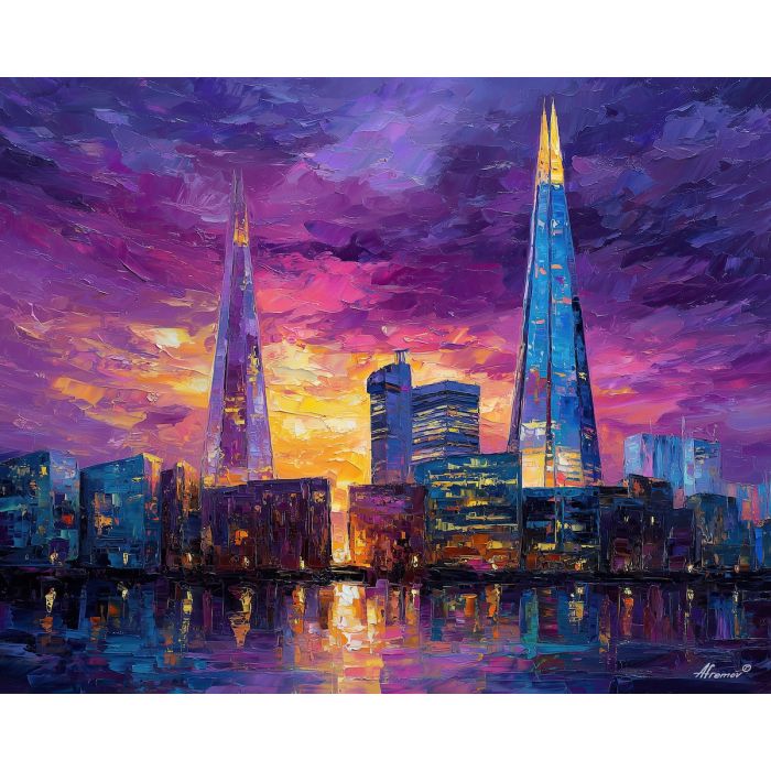 cubism twilight city, geometric skyscrapers, violet skyline painting, angular high rise forms, abstract urban lights