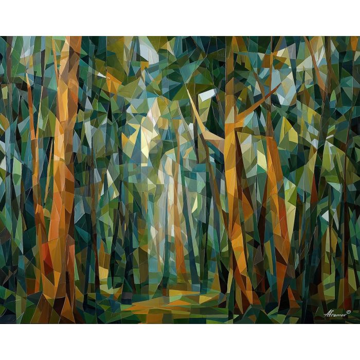 cubism forest, geometric trees, angular foliage, fractured glade painting, abstract woodland forms, faceted leaves, nature cubism