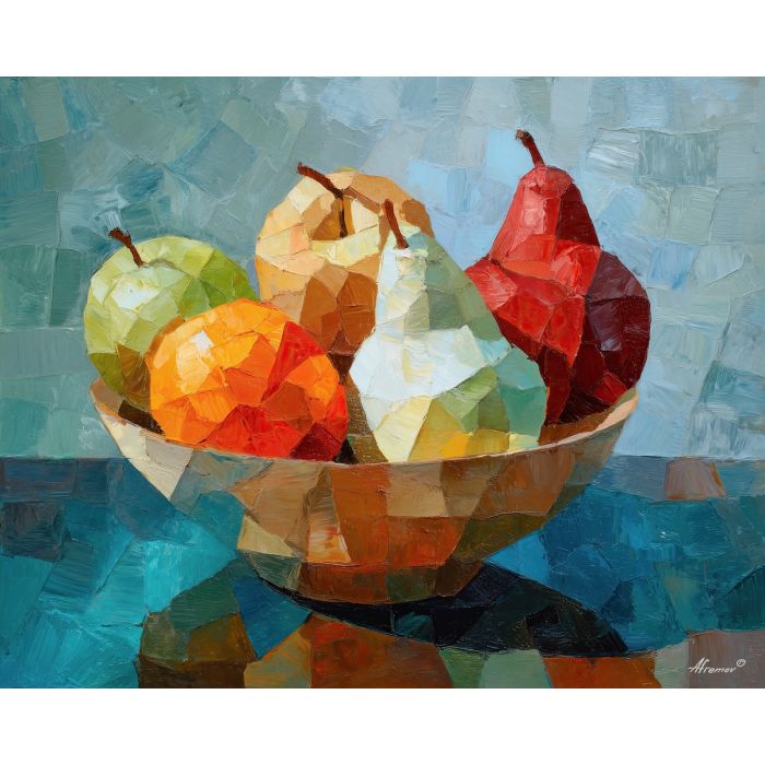 cubism still life, geometric fruit art, angular apples, faceted pears painting, abstract bowl composition, warm cool tone contrast