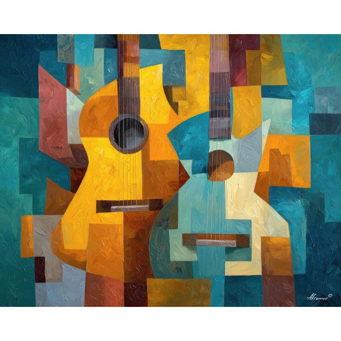cubism guitar, fragmented instrument, ochre sienna palette, geometric music art, broken shape composition, palette knife cubism