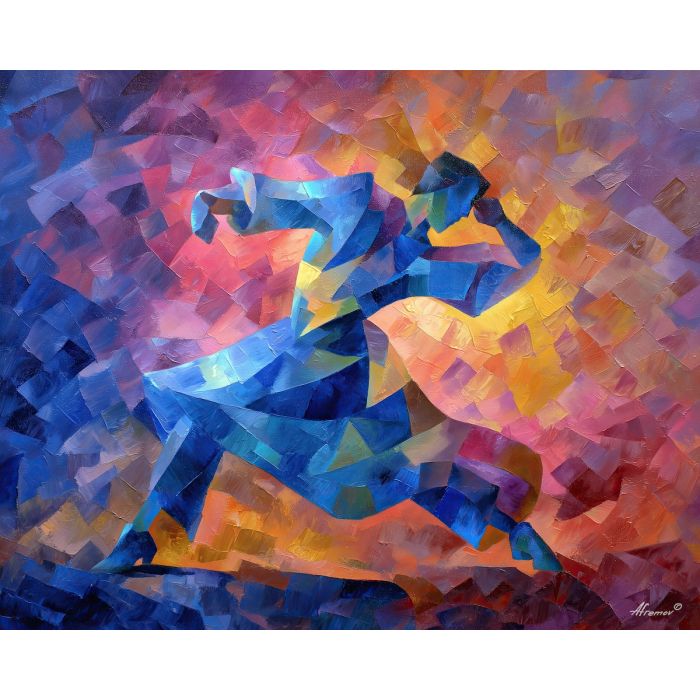 cubism dancer, geometric figure movement, fragmented dance pose, angular body shapes, rose sapphire gold palette, abstract motion art