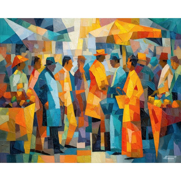 cubism market, geometric crowd, colorful planes painting, fragmented shop stalls, bright mosaic appearance, abstract commerce scene