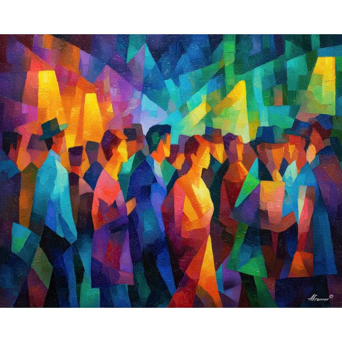 cubism market, night scene cubism, geometric crowd art, glowing color planes, violet amber emerald palette, abstract city bazaar