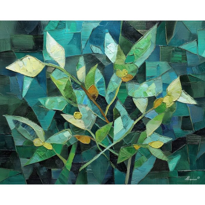 cubism plants, geometric botanical art, glass shard leaves, emerald jade palette, abstract botanical shapes, angular greenery painting