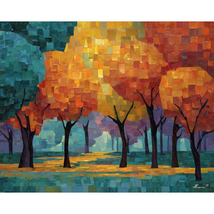 cubism forest, geometric autumn trees, tile like cubes art, copper orange palette, abstract foliage cubism