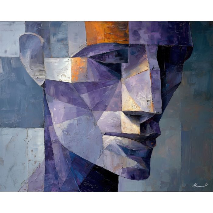 cubism portrait, fragmented human form, geometric figure art, abstract portrait planes, violet rust palette, faceless cubist figure, fractured contours