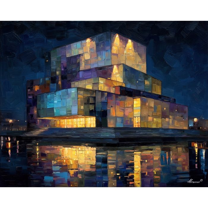 cubism architecture, opera house art, geometric building forms, night reflections painting, gold violet palette, angular city scene