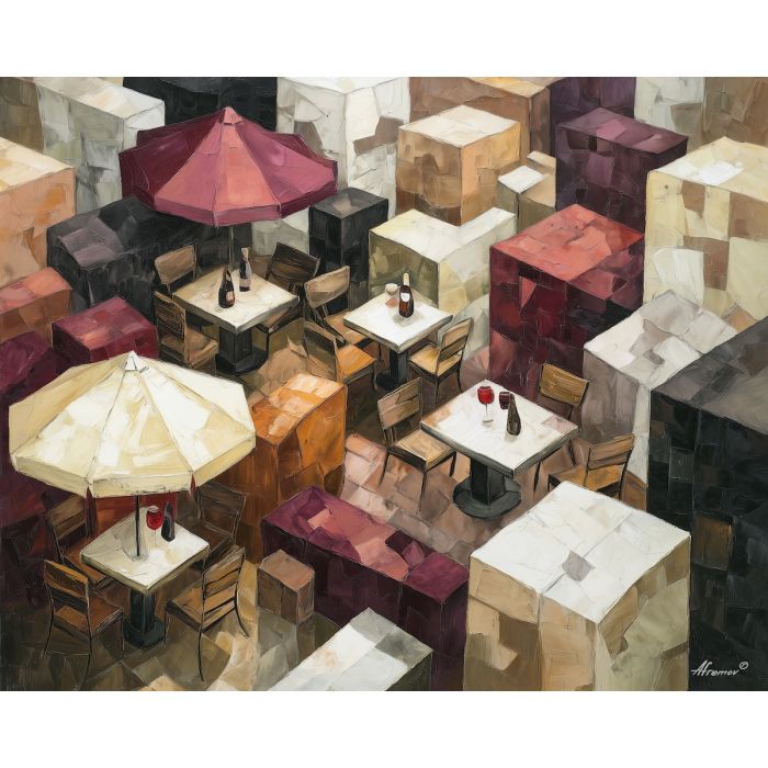 cubism cafe, geometric terrace art, angular tables and chairs, fragmented outdoor cafe, wine red palette, abstract street scene, cubist social setting