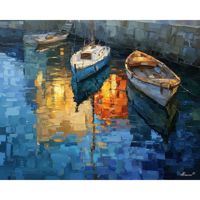 cubism harbor, geometric boats, fragmented water reflections, sapphire copper palette, angular seascape painting, abstract maritime art