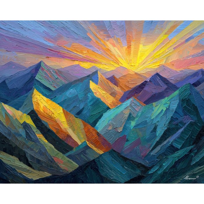 cubism mountain, fractured sunlight art, geometric peaks painting, yellow orange beams, abstract layered mountains