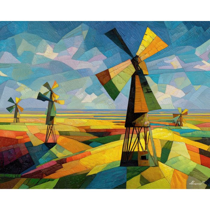 cubism windmill, geometric blades, tiled fields painting, abstract rural landscape, angular farmland, fragmented countryside