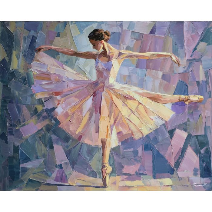 cubism ballerina, geometric dance painting, fragmented pose art, pale gold lavender palette, abstract motion cubism