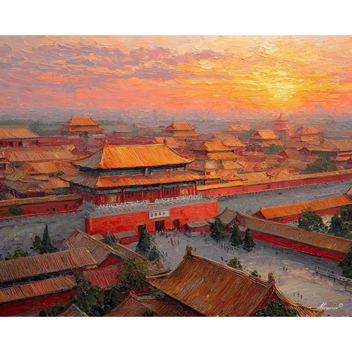 Forbidden City, Beijing sunset, red palace walls, golden rooftops, ancient China architecture, imperial palace, Beijing skyline, royal roofs, sunset glow, historical China, palette-knife cityscape, rose sky, orange horizon, imperial city, iconic Beijing landmark, temple rooftops China, dusk colors, ancient red city, palace architecture, cultural heritage China