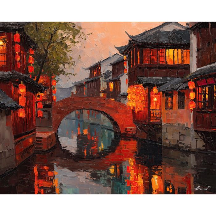 Shanghai Old Town, tea quarter China, lantern-lit canal, wooden houses, traditional bridges, old Shanghai, warm canal reflections, peach lantern glow, water town district China, palette-knife canal, historic tea houses, red lantern reflections, ancient water architecture, tranquil canal night, cultural China scene, heritage district Shanghai, soft night glow, lantern water reflections, old-town China, traditional district art