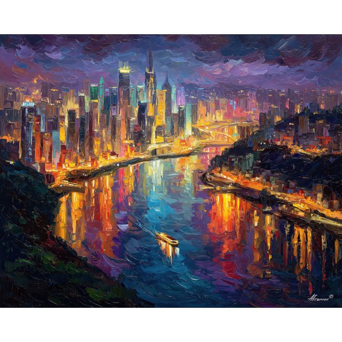 Chongqing skyline, river confluence, Yangtze night, Jialing River, neon city lights, steep hillside city, Chongqing nightscape, glowing skyscrapers China, colorful reflections, palette-knife night, mountainous city China, city along rivers, neon glow water, vibrant river lights, dramatic urban landscape, illuminated waterfront, megacity China, steep cityscape, river reflections China, electric colors