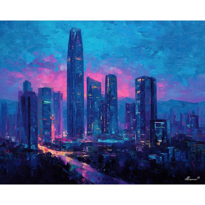 Shenzhen skyline, futuristic towers China, indigo sky city, electric teal lights, neon pink glow, modern megacity, high-tech city China, illuminated skyscrapers, palette-knife cityscape, vibrant Shenzhen, glowing skyline, electric reflections, ultramodern architecture, tall towers China, neon city night, energetic skyline, tech capital China, Nanshan district view, illuminated towers, modern China art
