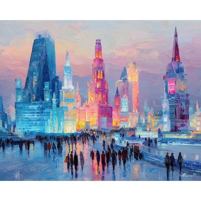 Harbin ice city, neon ice sculptures, winter festival China, crystal palaces, glowing ice towers, blue and pink lights, frozen nightscape, palette-knife ice texture, winter architecture, colorful ice buildings, illuminated snow city, Harbin festival glow, ice lanterns China, radiant ice structures, cold neon night, winter China art, frozen landscape, ice architecture China, icy blue glow, winter lights festival