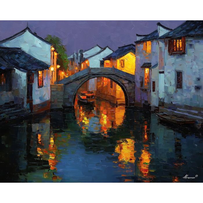 Zhouzhuang water town, ancient canal village, stone bridges China, lantern-lit houses, whitewashed walls, still canal water, Jiangsu village, historic water town, palette-knife reflections, glowing canals China, evening water scene, traditional houses China, ancient stone bridge, narrow waterways, calm night village, cultural China scene, Jiangnan water town, serene canal landscape, lantern glow China, old village reflection