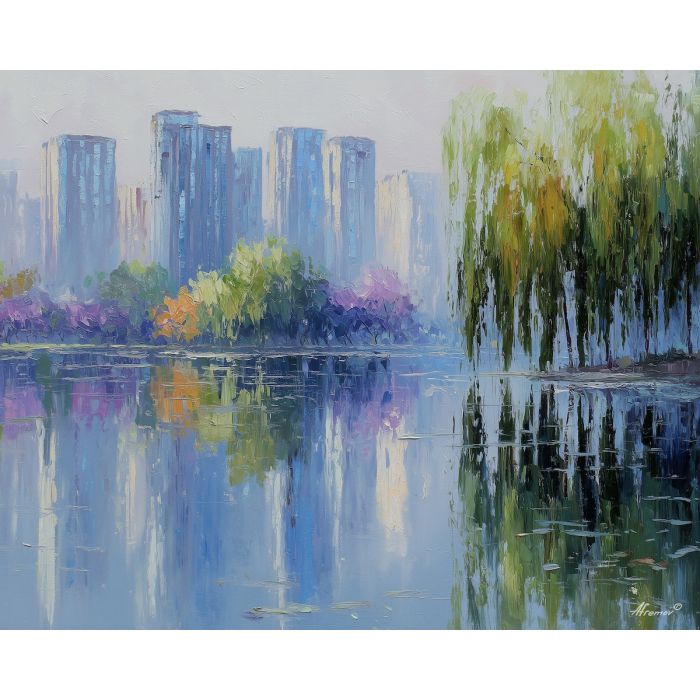 Hangzhou skyline, West Lake view, willow reflections, silver city towers, lakeside cityscape, modern Hangzhou, blue water reflections, willow branches China, serene lake city, palette-knife skyline, city behind lake, modern meets nature, iconic Hangzhou scenery, soft city lights, lakeside trees, shimmering reflections China, scenic Hangzhou, modern architecture China, lake city night, city-on-water