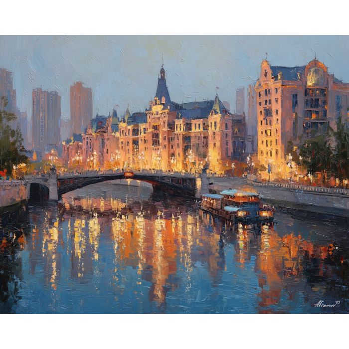 Tianjin riverside, European-style buildings China, Hai River reflections, amber night lights, ornate bridges, Tianjin cityscape, China-European fusion, glowing river water, palette-knife city, cultural architecture China, riverside promenade, city lights reflection, warm-lit facades, bridge reflections, European district China, shimmering river scene, historic architecture Tianjin, amber glow city, scenic riverfront, old-world charm China