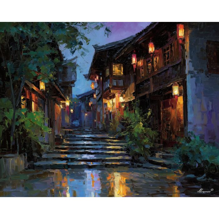 Chengdu Anren ancient street, Qing-era alleys, raindrop reflections, dark wooden houses, lantern-lit path, rain-soaked stone, old China alley, Sichuan old town, palette-knife street, historic architecture China, glowing lanterns, wet stone reflections, narrow alley night, cultural China street, rainy night scene, traditional wooden houses, soft warm glow, Chengdu heritage scene, old street China, gentle reflections