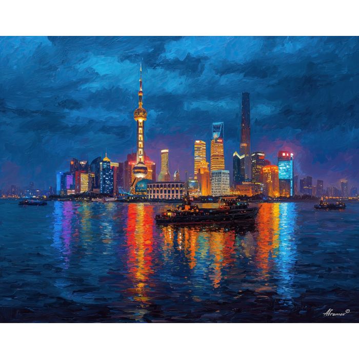 Shanghai skyline, blue hour cityscape, Oriental Pearl Tower, Huangpu River, neon reflections, sapphire sky, futuristic China, glowing skyscrapers, modern Shanghai, night city lights, palette-knife skyline, cobalt city, urban waterfront, illuminated towers, iconic skyline China, modern architecture, neon glow river, Shanghai nightscape, city reflections, vibrant city lights