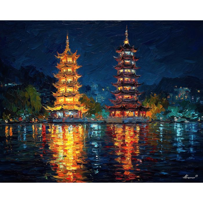 Guilin pagodas, Sun and Moon Pagodas, night lake reflections, golden pagoda, silver pagoda, Chinese towers, illuminated lake, shimmering ripples, Guilin nightscape, palette-knife reflections, glowing pagodas, lakeside night China, twin towers China, molten light reflections, iconic Guilin view, lantern-lit water, night pagoda lights, cultural China architecture, serene night lake, glowing towers