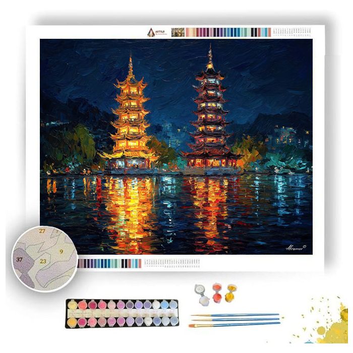 GUILIN TWIN PAGODAS NIGHT GLOW - Paint by Numbers Full Kit