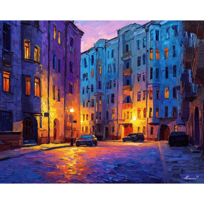 Dalian Russian Street, colonial facades China, evening street glow, lavender shadows, warm street lights, pastel buildings China, cobblestone streets, Russian-style architecture, palette-knife street scene, colorful China city, evening architecture China, historic Dalian, cultural fusion street, warm night colors, old town Dalian, pastel facades, evening China cityscape, glowing windows, architectural charm China, vibrant night street