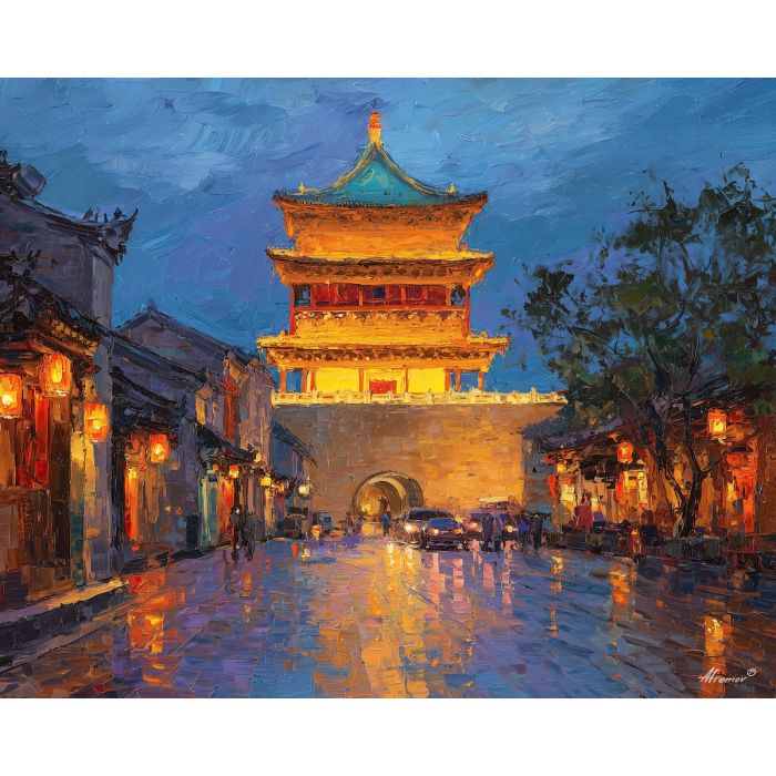 Xi'an Drum Tower, ancient tower China, dusk cityscape, blue hour Xi'an, golden architecture, historic Chinese building, illuminated tower, old Xi'an streets, traditional architecture China, palette-knife night, golden glow, iconic Xi'an landmark, Ming dynasty tower, ancient structure China, warm night colors, blue and gold cityscape, dusk illumination, Chinese heritage site, historic center Xi'an, old city China