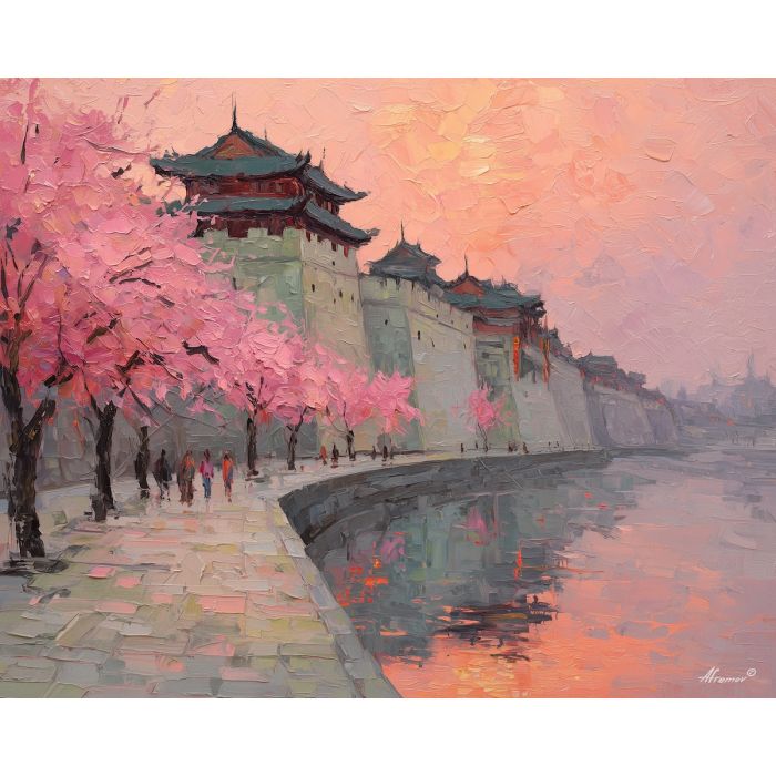 Nanjing City Wall, sunrise light, cherry blossoms, ancient China wall, pink spring trees, pastel blossoms, historic city wall, Nanjing skyline, spring scenery China, warm sunrise, palette-knife wall texture, blooming season, pink and green landscape, Chinese historic architecture, cultural heritage, morning glow China, ancient fortress wall, springtime Nanjing, floral cityscape, old wall China