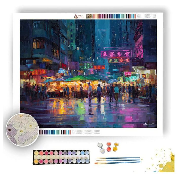 HONG KONG TEMPLE STREET NEON RAIN - Paint by Numbers Full Kit