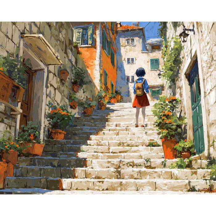 anime old town, stone stairs art, hillside houses scene, potted flowers painting, warm nostalgic mood, travel anime look, rustic architecture, sunlit steps