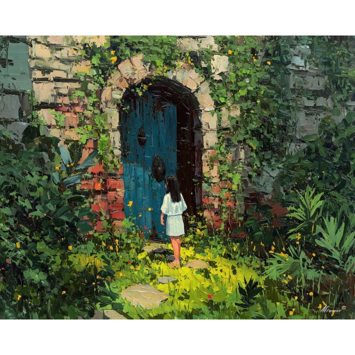 anime hidden gate, overgrown plants art, secret garden alley, mysterious discovery scene, soft green palette, adventure beginning, calm alleyway painting